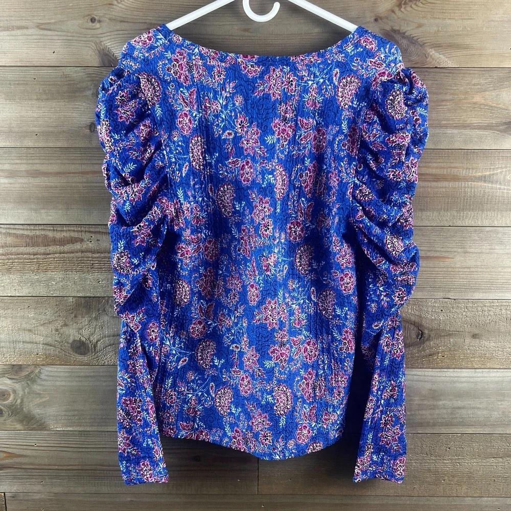 Loft Womens Shirt Garden Shirred Puff Sleeve‎ Cerulian Star Floral Peasant Large